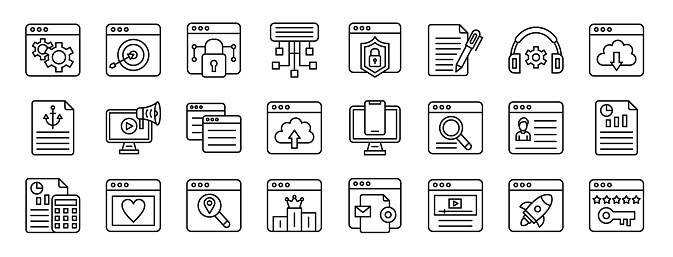 set of 24 outline web seo and sem icons such as web tings, goal, private network, sitemap, web protection, copywriting, support vector icons for report, presentation, diagram, design, mobile app