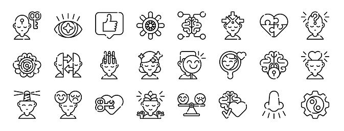 set of 24 outline web self awareness icons such as key, visualize, reputation, control, mind map, introvert, puzzle vector icons for report, presentation, diagram, web design, mobile app