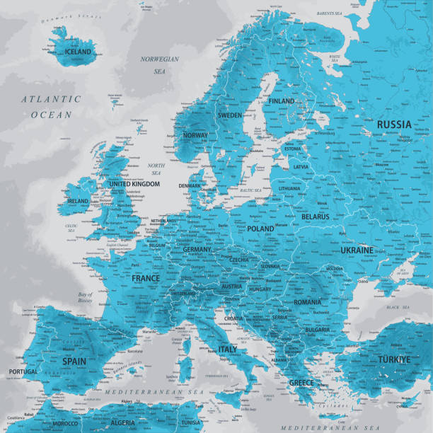 europa - hochdetaillierte vektorkarte von europa. ideal für die printplakate. saphirblau, grün, grau, farben. relieftopografie und tiefe - iceland map city map relief map stock-grafiken, -clipart, -cartoons und -symbole