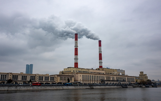 October 22, 2023, Moscow, Russia. Smoke and steam from the pipes of the Thermal power plant CHP-12 on the Berezhkovskaya embankment.