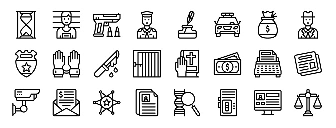 set of 24 outline web law and justice icons such as hourglass, convict, gun, policeman, quill, police car, money bag vector icons for report, presentation, diagram, web design, mobile app