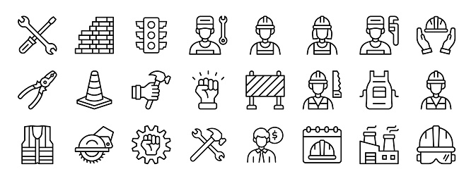 set of 24 outline web labor icons such as wrench, brickwall, traffic light, mechanic, labor, worker, plumber vector icons for report, presentation, diagram, web design, mobile app