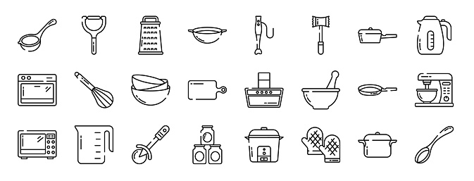 set of 24 outline web kitchen tools icons such as strainer, peeler, slicer, pot, blender, tenderizer, cookware vector icons for report, presentation, diagram, web design, mobile app