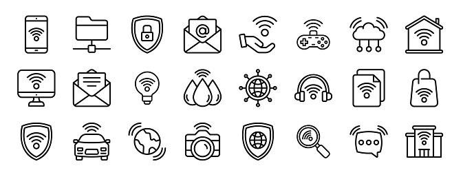 set of 24 outline web internet icons such as smartphone, web hosting, shield, email, internet of things, room service, cloud vector icons for report, presentation, diagram, web design, mobile app