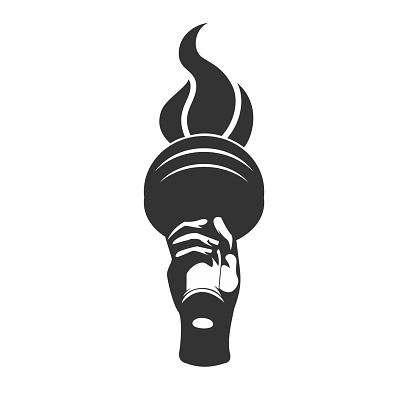 Silhouette hand with flaming torch. Vector illustration.