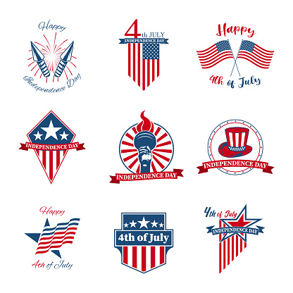 4th of July, United Stated independence day emblems, labels and badges set. Perfect for adding a touch of patriotism to any celebration or event. Vector illustration.