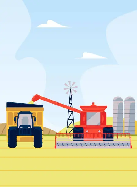 Vector illustration of Agricultural machinery, industrial machines collecting crops in field, vector combine harvester and farm tractor