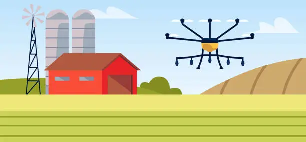 Vector illustration of Vector agricultural technology scene with drone. Flat illustration.