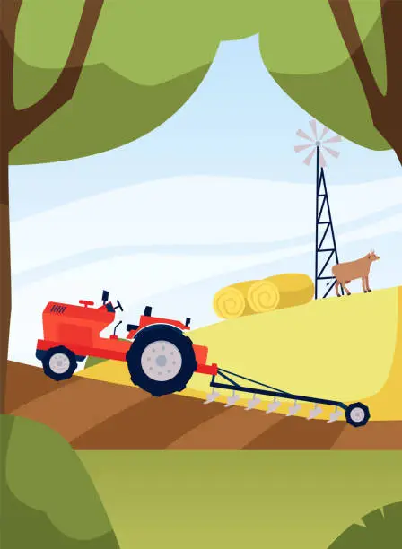 Vector illustration of Agriculture and farming vector illustration, cartoon red tractor with plow on rural hills, farm machinery on field