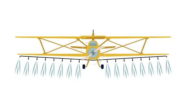 Vector illustration of Airplane spraying fertilize, agricultural farming machinery, vector chemical fertilizers spraying with crop duster plane