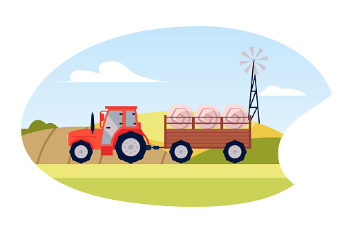 Vector illustration for agriculture: A red tractor on a trailer transports large bales of hay across farm fields with a wind turbine. Icon for design with agricultural machinery.