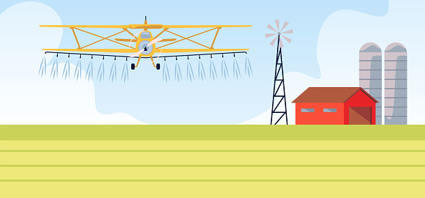 A vehicle for field agricultural work. A plane sprays fertilizer on a field against the background of a farm, barn and wind turbine. Ideal for design with modern agricultural technology.
