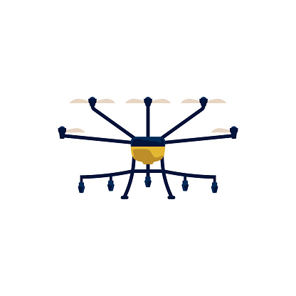 Innovation in agriculture with drones flying over the farm. A vector illustration showing modern equipment spraying fertilizers for intelligent irrigation management
