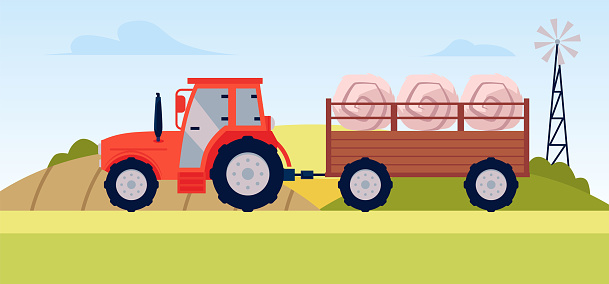 Vector illustration of agricultural machinery: a tractor with a trailer filled with round bales of hay against the background of farm fields and a wind turbine.