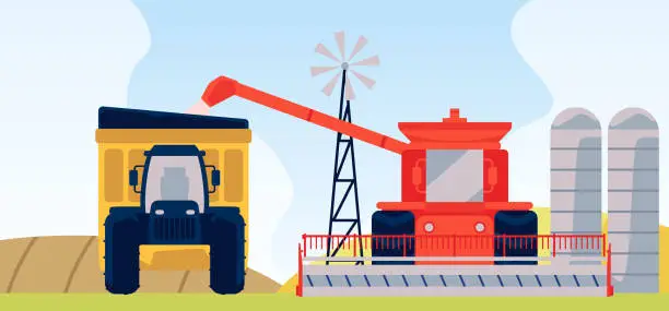 Vector illustration of Vector illustration for agriculture: a combine harvester harvests and loads grain into a tractor with a trailer