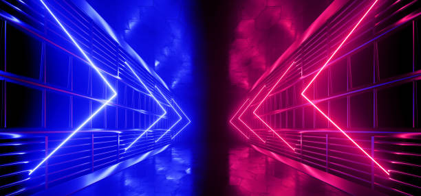 istock Futuristic Sci Fi Neon Laser Glowing Red Blue Arrow Shaped Beams Tunnel Corridor Warehouse Cement Floor Metal Construction Showroom 3d Rendering 2148527406
