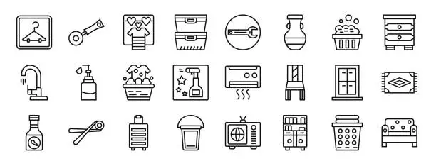 Vector illustration of set of 24 outline web homeware icons such as cloth hanger, pizza cutter, shirt, food container, wrench, vase, washing vector icons for report, presentation, diagram, web design, mobile app