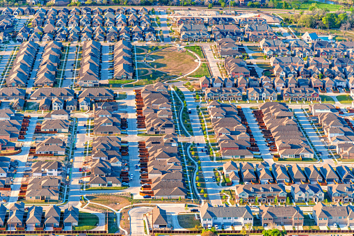 A newly developed suburban housing subdivision located in Garland, Texas about 15 miles northeast of downtown Dallas shot via helicopter from an altitude of about 600 feet.