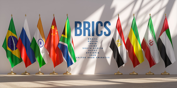 BRICS summit or meeting concept. Row from flags of all members of BRICS list of countries. 3d illustration