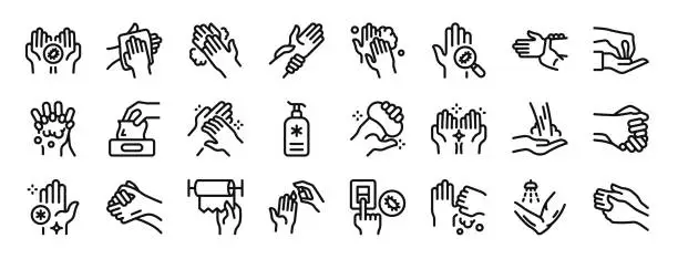Vector illustration of set of 24 outline web hand washing icons such as infection, hand washing, hand washing, hands, hands, bacteria, hands vector icons for report, presentation, diagram, web design, mobile app