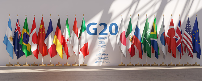G20 summit or meeting concept. Row from flags of all members of G20 Group of Twenty and list of countries. 3d illustration