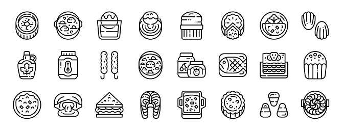 set of 24 outline web food and dessert icons such as creme brulee, stew, affogato, dip, souffl�, meat pie, omelette vector icons for report, presentation, diagram, web design, mobile app