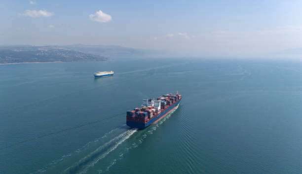istock Aerial view of giant cargo container ship in transit. 2148529594