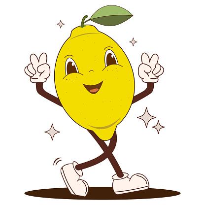Retro cartoon funny lemon character in groovy style, cute mascot. Vintage citrus fruit vector illustration. Nostalgia for the 60s, 70s, 80s.