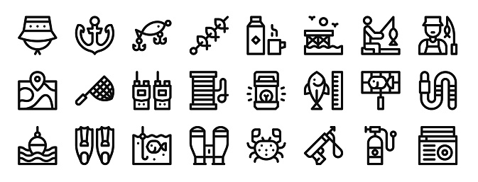 set of 24 outline web fishing icons such as hat, anchor, bait, brochette, thermo, pier, lead vector icons for report, presentation, diagram, web design, mobile app