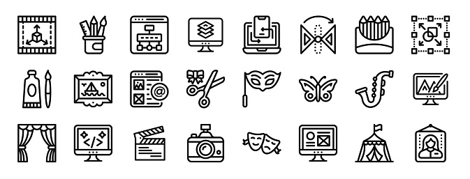 set of 24 outline web fine arts and design icons such as d model, stationary, sitemap, layers, data transfer, edit tools, color pencil vector icons for report, presentation, diagram, web design,
