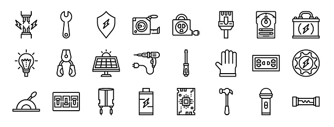 set of 24 outline web electrician tools and icons such as wires, wrench, protect, measure tape, extension cord, rj, voltmeter vector icons for report, presentation, diagram, web design, mobile app