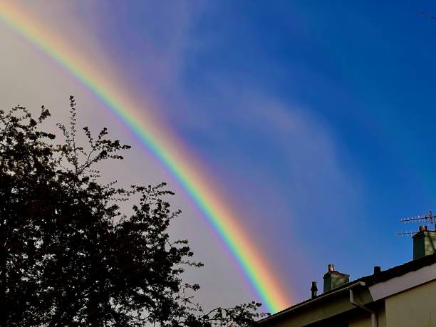 istock A rainbow over a house and trees at sunset 2148530815