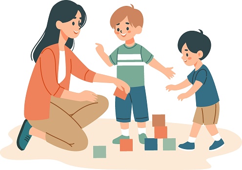 A mom playing dice with her children, a kindergarten teacher with her children. Flat vector illustration, white background