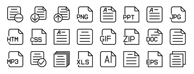 set of 24 outline web document icons such as document, download, upload, png, document, ppt, vector icons for report, presentation, diagram, web design, mobile app