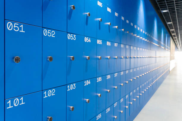 istock Row of blue lockers with number locks in a building 2148531607