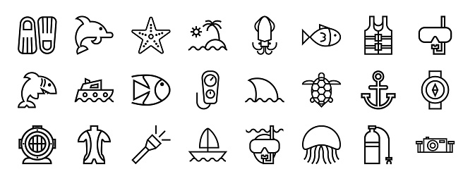 set of 24 outline web diving icons such as fins, dolphin, starfish, island, squid, fish, lifejacket vector icons for report, presentation, diagram, web design, mobile app