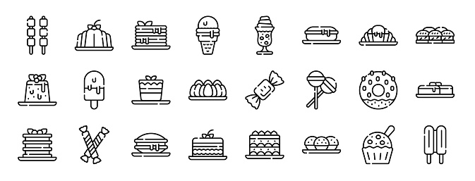 set of 24 outline web desserts and candies icons such as candies, jelly, pancake, ice cream, ice cream, creme brulee, croissant vector icons for report, presentation, diagram, web design, mobile app