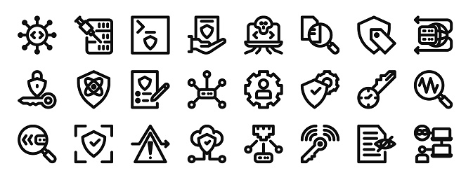 set of 24 outline web cyber security part icons such as virus, sql injection, ssh, proprietary, rootkit, scanning, label vector icons for report, presentation, diagram, web design, mobile app