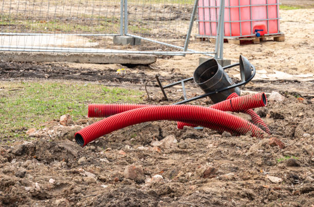istock Corrugated pipes for laying cables buried in the ground. 2148532870