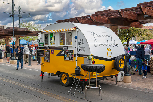 Francy Emilade drinks trailer at the Saturday farmers market in Las Cruces, NM, USA