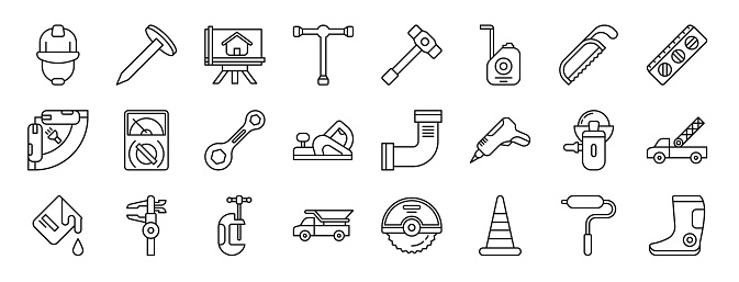 set of 24 outline web construction icons such as helmet, nail, sketch, lug wrench, hammer, metre, saw vector icons for report, presentation, diagram, web design, mobile app