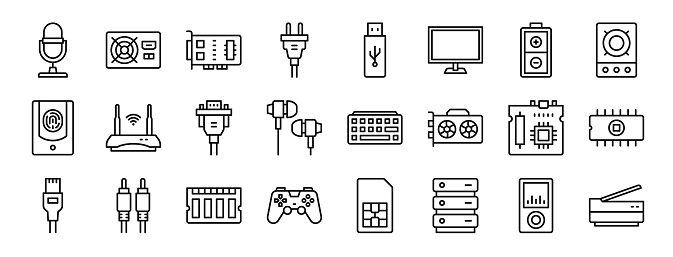 set of 24 outline web computer peripheral icons such as microphone, psu, pci card, plug, usb drive, computer, battery vector icons for report, presentation, diagram, web design, mobile app
