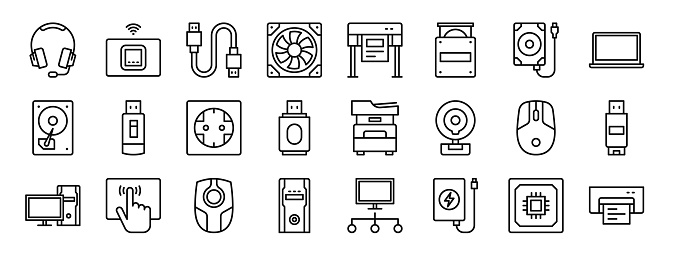 set of 24 outline web computer peripheral icons such as head, modem, cable, fan, plotter, cd reader, external hard drive vector icons for report, presentation, diagram, web design, mobile app