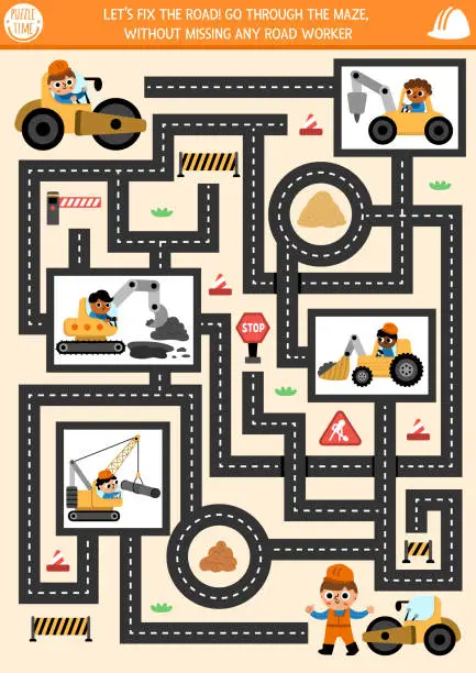 Vector illustration of Construction site geometrical maze for kids with road repair concept, workers, special cars, technics, crane, truck. Building works preschool printable activity. Rout service labyrinth game, puzzle