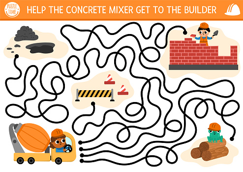 Construction site maze for kids with industrial concept. Help the concrete mixer go to worker building brick house. Building works preschool printable activity. Repair service labyrinth game, puzzle