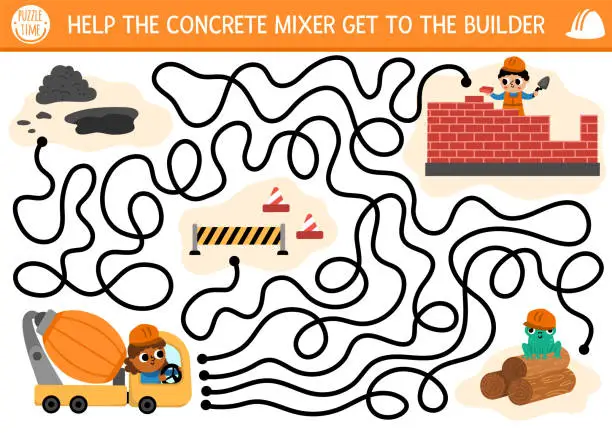 Vector illustration of Construction site maze for kids with industrial concept. Help the concrete mixer go to worker building brick house. Building works preschool printable activity. Repair service labyrinth game, puzzle