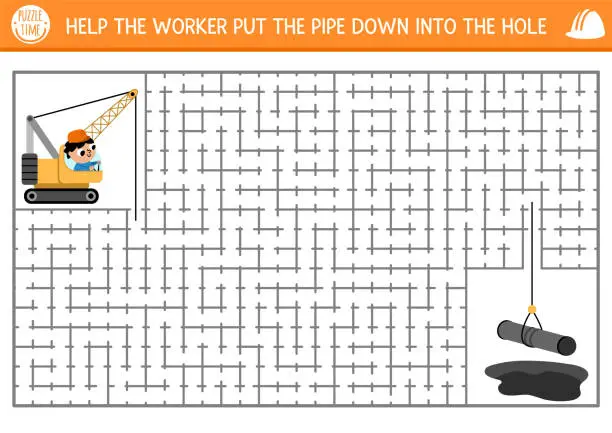 Vector illustration of Construction site geometrical maze for kids with road repairing worker, special car. Building preschool printable activity. Labyrinth game, puzzle with crawler crane putting pipes down into the hole