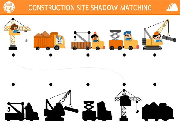 Vector illustration of Construction site shadow matching activity with special transport, vehicles. Building works puzzle with lifting crane, truck, evacuator. Find correct silhouette printable worksheet or game for kids
