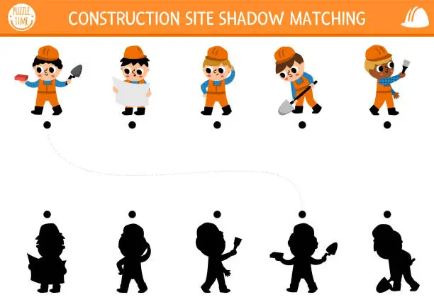 Vector illustration of Construction site shadow matching activity with workers. Building works puzzle with builder, painter, engineer, architect in hard hats. Find correct silhouette printable worksheet or game for kids