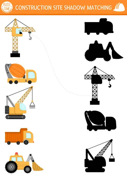 Vector illustration of Construction site shadow matching activity with special transport, vehicles. Building works puzzle with lifting crane, truck, concrete mixer. Find correct silhouette printable worksheet or game for kids